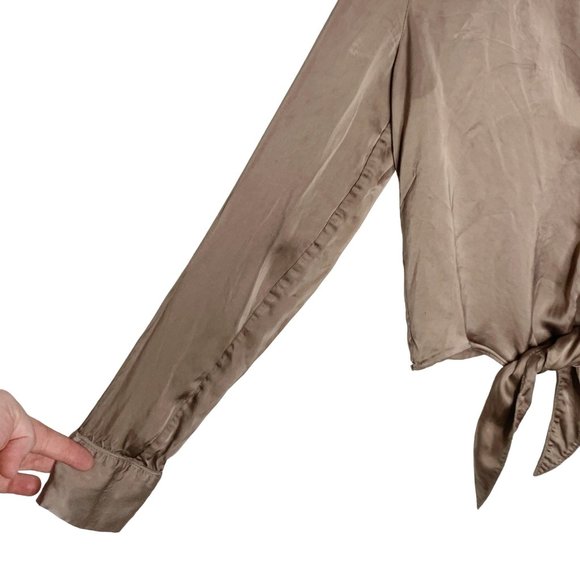 Wilfred Aritzia Gold Shimmer Tan Button Up Top Blouse Tie Cognac 2XS Cupro - Picture 5 of 16